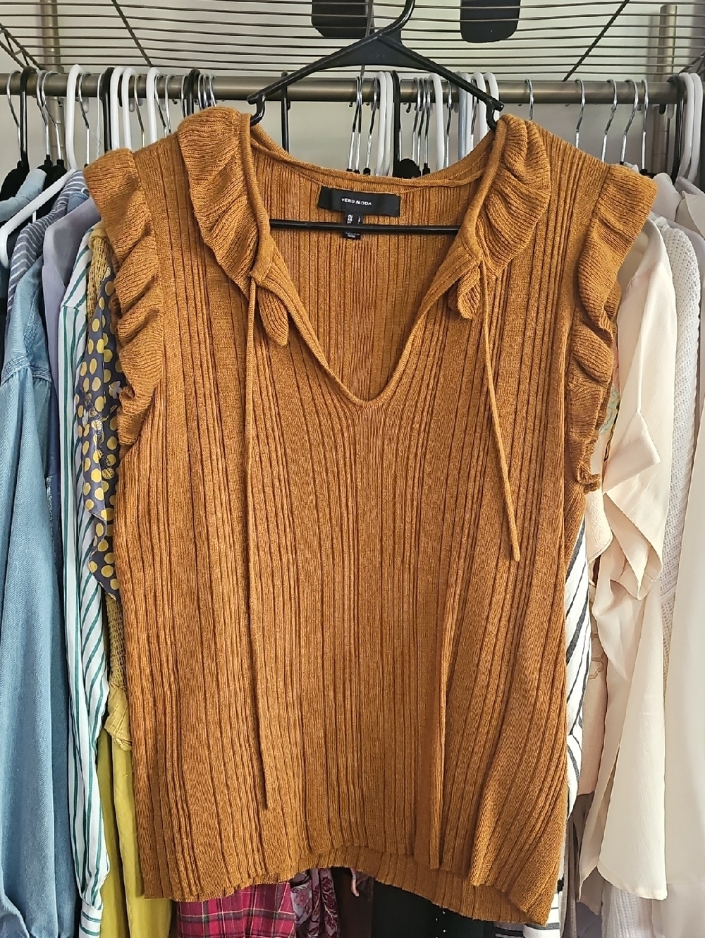 Vero Moda Mustard Ribbed Sleeveless Knit Top with Tie Detail